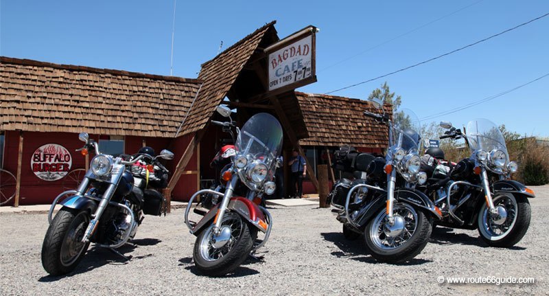 Harley-Davidson motorcycles in front of Bagdad Cafe