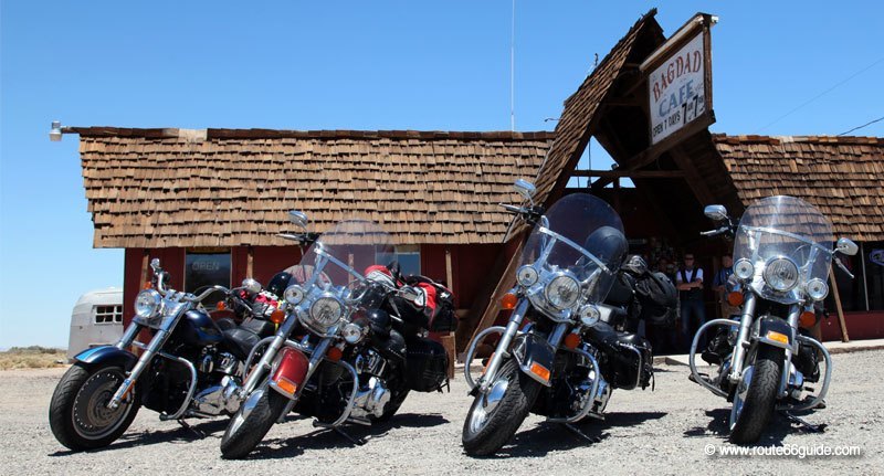 Harley Davidson motorcycles in front of Bagdad Cafe