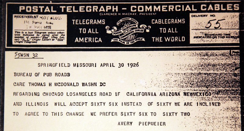 Telegram endorsing number 66 for the future transcontinental route